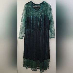BloomChic Velour and Lace A Line Dress with pockets plus size Emerald green